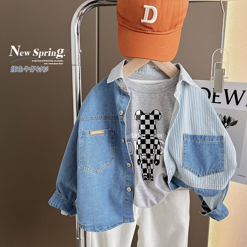 Áo Sơ Mi Denim Mỏng Mềm Kẻ Sọc Màu Tương Phản Thời Trang Xuân Thu Cho Bé Trai