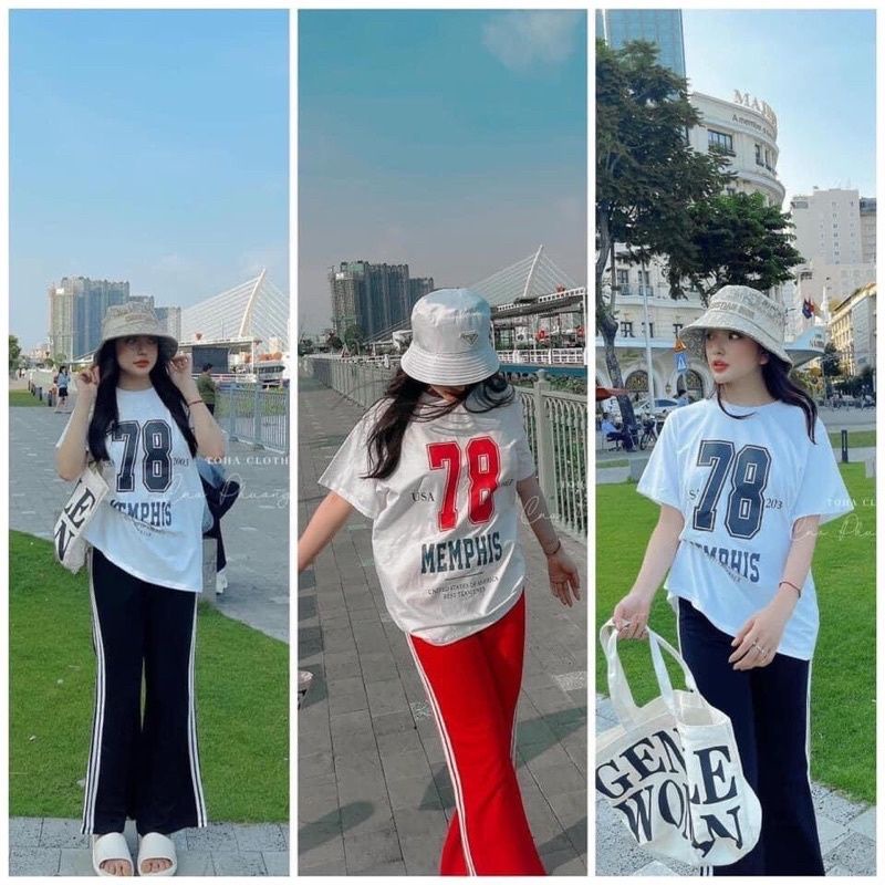 Set Thun Thể Thao 78 Áo Trắng Tay Lỡ Cổ Tròn Và Quần Dài Ống Loe Viền Sọc - Chất Thun Cotton Dày