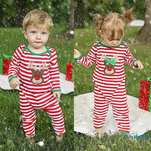 Set áo liền quần dài tay sọc ngang hình tuần lộc đáng yêu cho bé