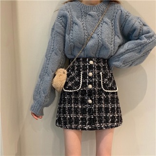 CHÂN VÁY DẠ KẺ TWEED KHUY VIỀN THỪNG