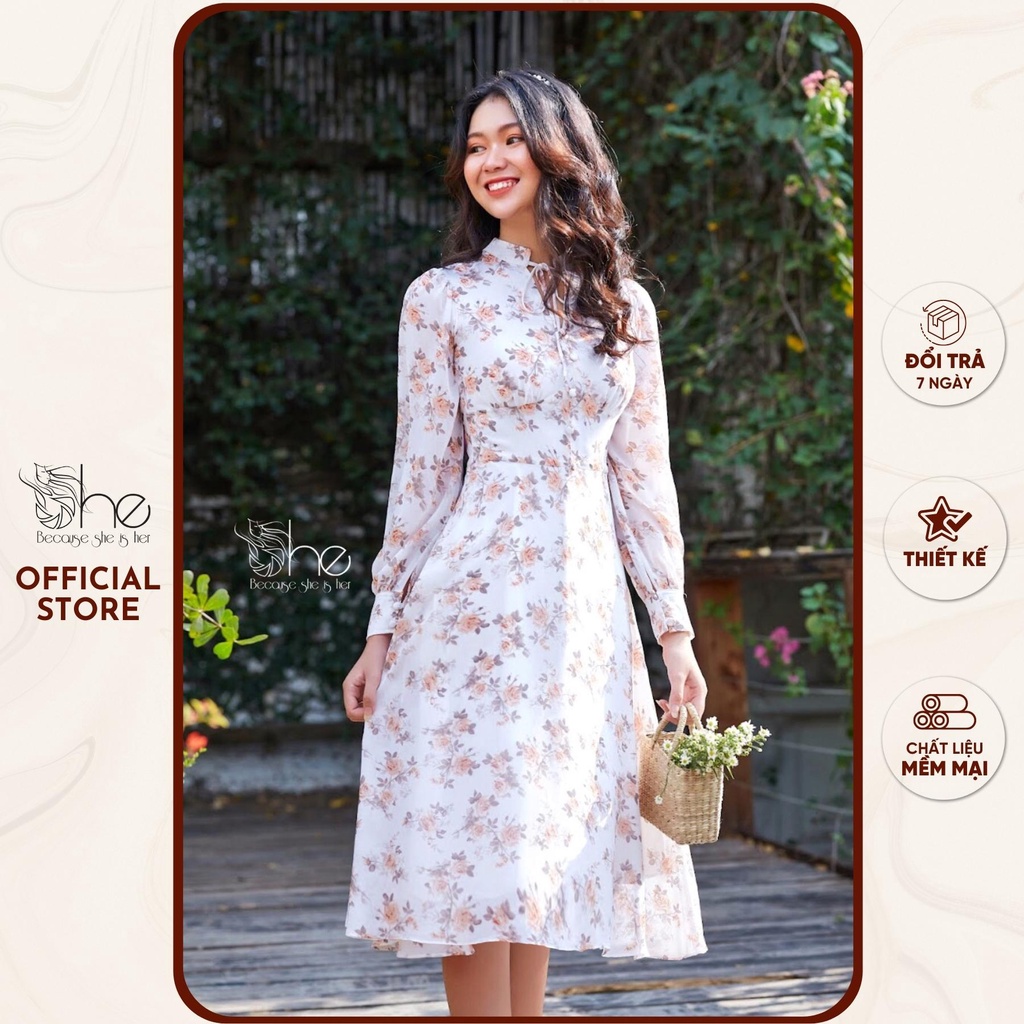 Váy trắng hoa sang trọng She, váy tiểu thư hoa thiết kế tay dài voan đẹp SDX133