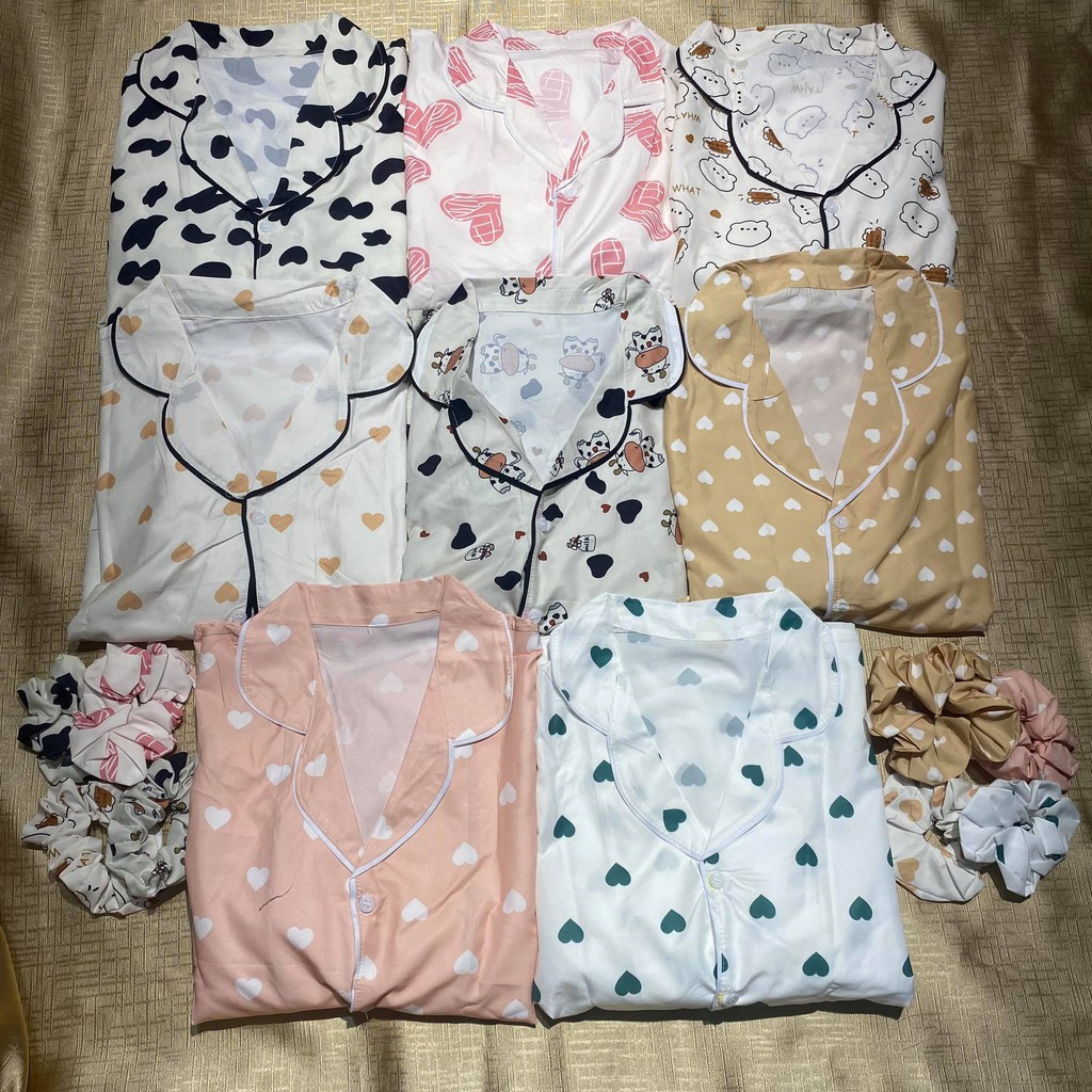 Bộ Pijama <FREESHIP> Bộ pijama hình cộc tay nữ tặng kèm dây buộc tóc scrunchies, bộ đồ mặc nhà siêu kute, bộ cộc nữ | BigBuy360 - bigbuy360.vn