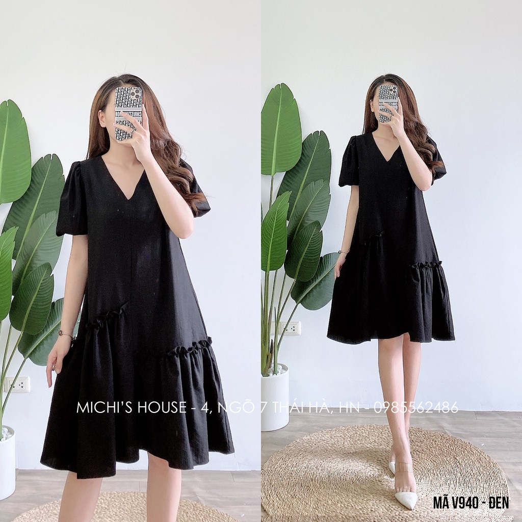 Đầm Suông Đũi V940 MICHI House Váy Xuông Thiết Kế  Cổ V Tay Bồng Dáng Ngắn Mặc Bầu Xinh Freesize Bigsize | BigBuy360 - bigbuy360.vn