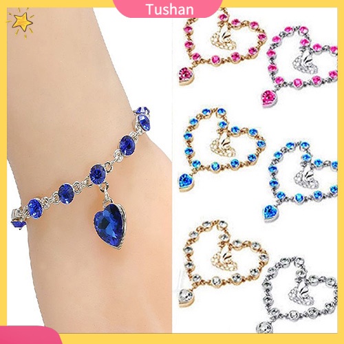 Vòng đeo tay đính đá mặt trái tim màu xanh phong cách thời trang lấp lánh