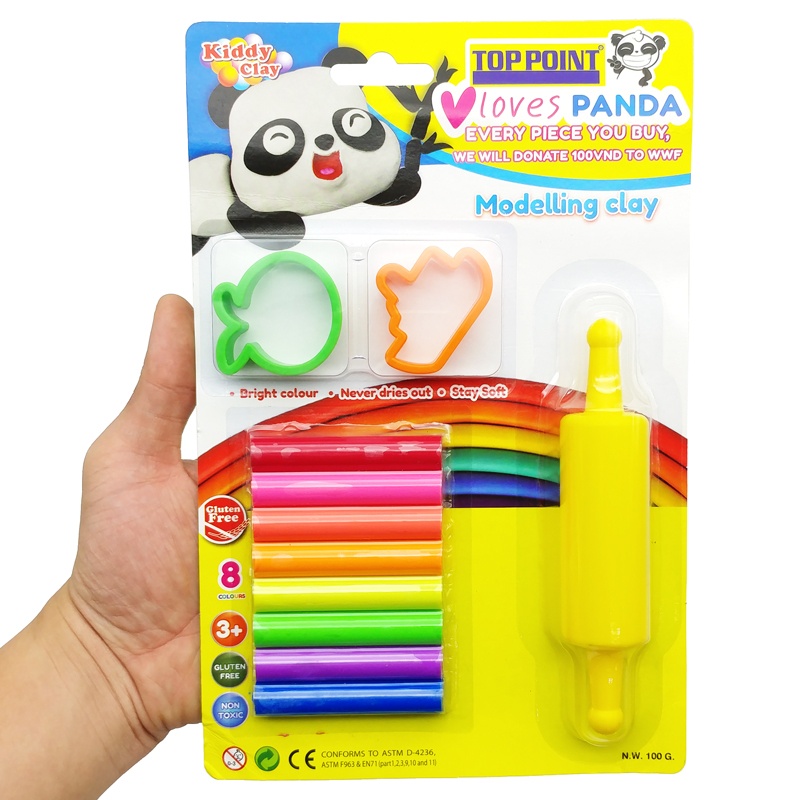 Đất Nặn 8 Màu +2 Khuôn+ Cây Lăn - Kiddy Clay ST-100-8+2SM/R