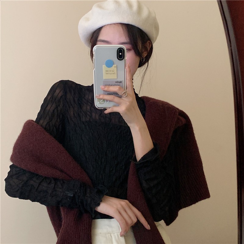 Áo tay dài thiết kế ren hoa cổ lọ hợp thời trang | BigBuy360 - bigbuy360.vn