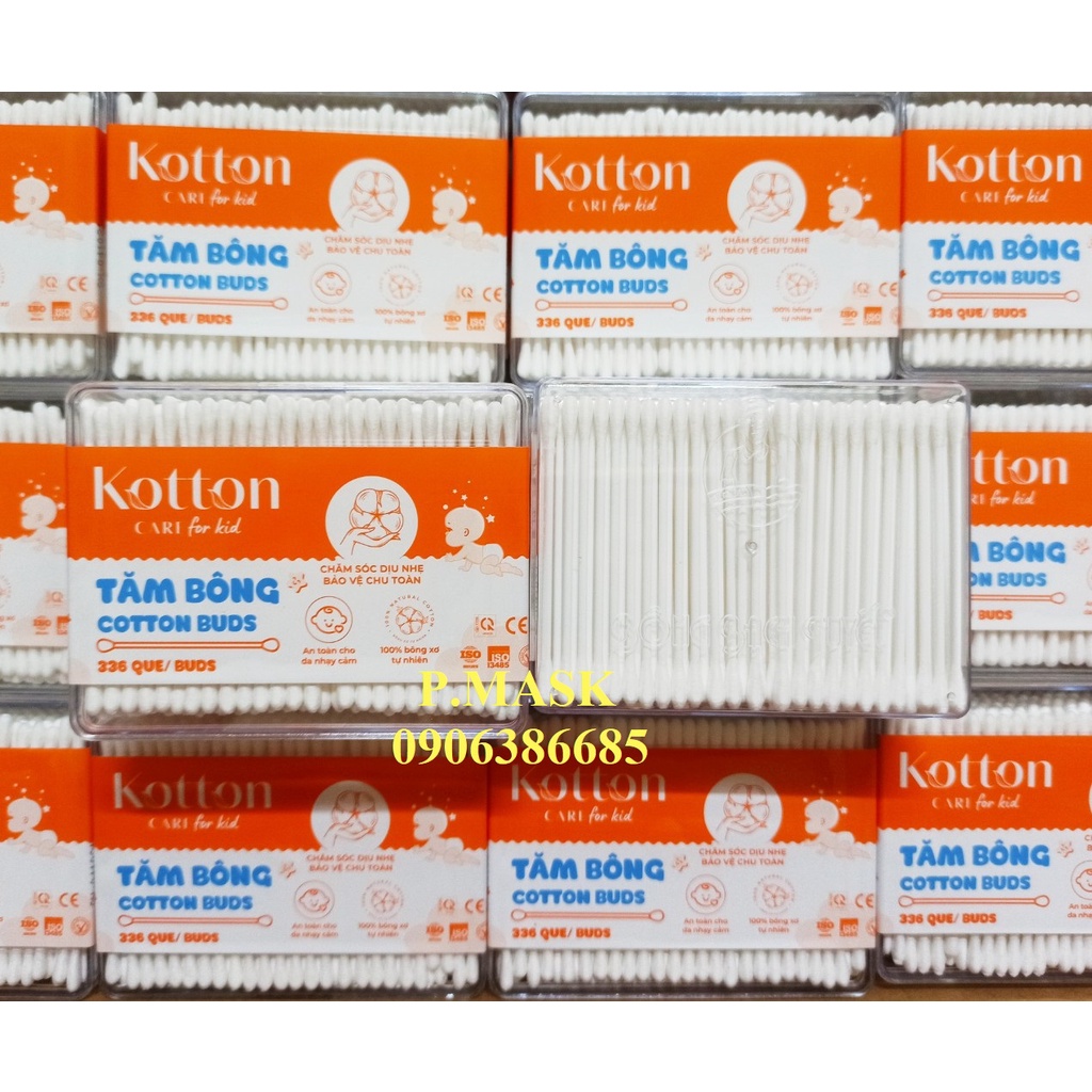 Tăm Bông Kotton Care For Kid đầu nhỏ HỘP CHỮ NHẬT 336 Que Bông Bạch Tuyết ( Nhãn mới của 330 que Merigo )