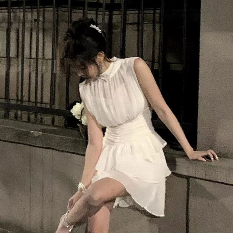 Sleeveless irregular white dress women's dress 2022 summer new first love department stand collar design sense minority skirt