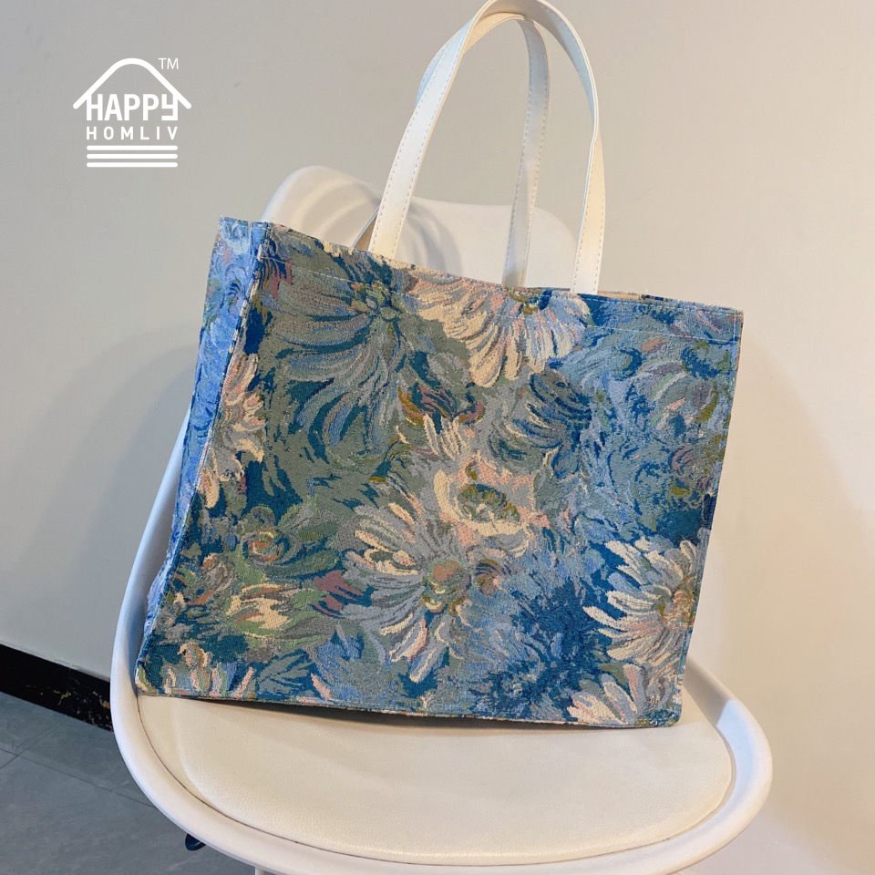 HAPPY HOMLIV Túi Tote Canvas A4 Sức Chứa Lớn Đựng Được Máy Tính In Họa Tiết Tranh Sơn Dầu Chất Lượng Cao 17-Inch Phong Cách Retro Pháp Cho Nữ Sinh