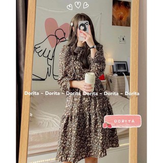 HT41 Váy hoa vintage dáng xòe cánh tiên, Đầm hoa vintage viền bèo