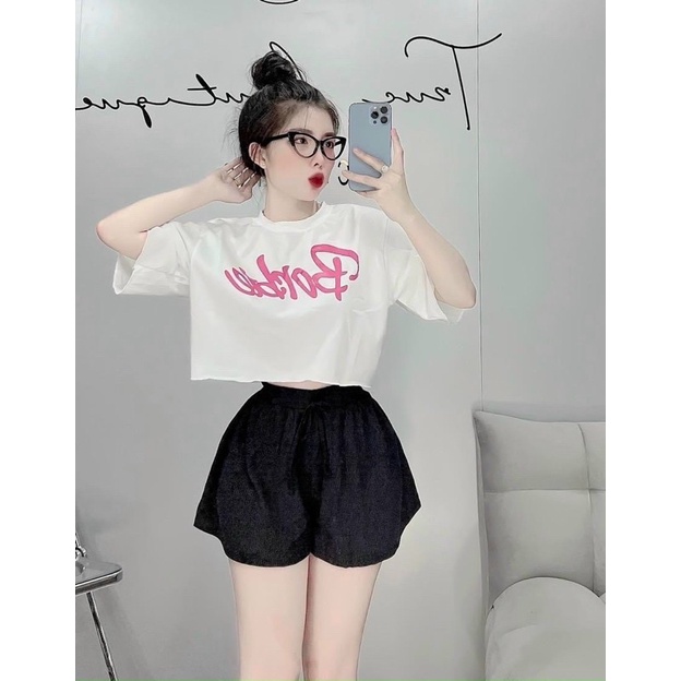 Set Bộ Barbie Áo Croptop Tay Ngắn Fom Rộng Kèm Short Loe alohashop91