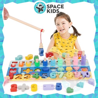 Đồ chơi gỗ thông minh 4 trong 1 cho trẻ em học số, cột tính, ghép hình khối và câu cá - Space Kids