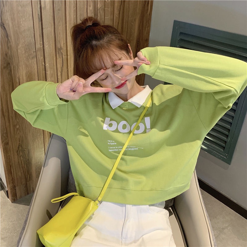 Women's Fleece-Lined Winter Sweater New Long-Sleeved T-shirt Student Korean Style Boyfriend Loose Short Insfashion Fake Two-Piece Top Clothes