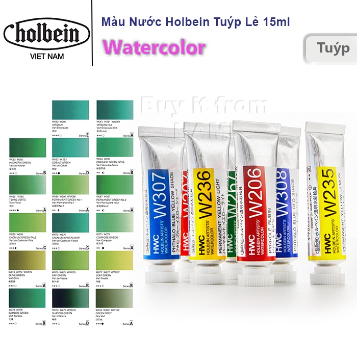 Màu nước Holbein Artist Watercolor Nhật Bản - Tuýp lẻ 15ml - Bảng màu Xanh Lá