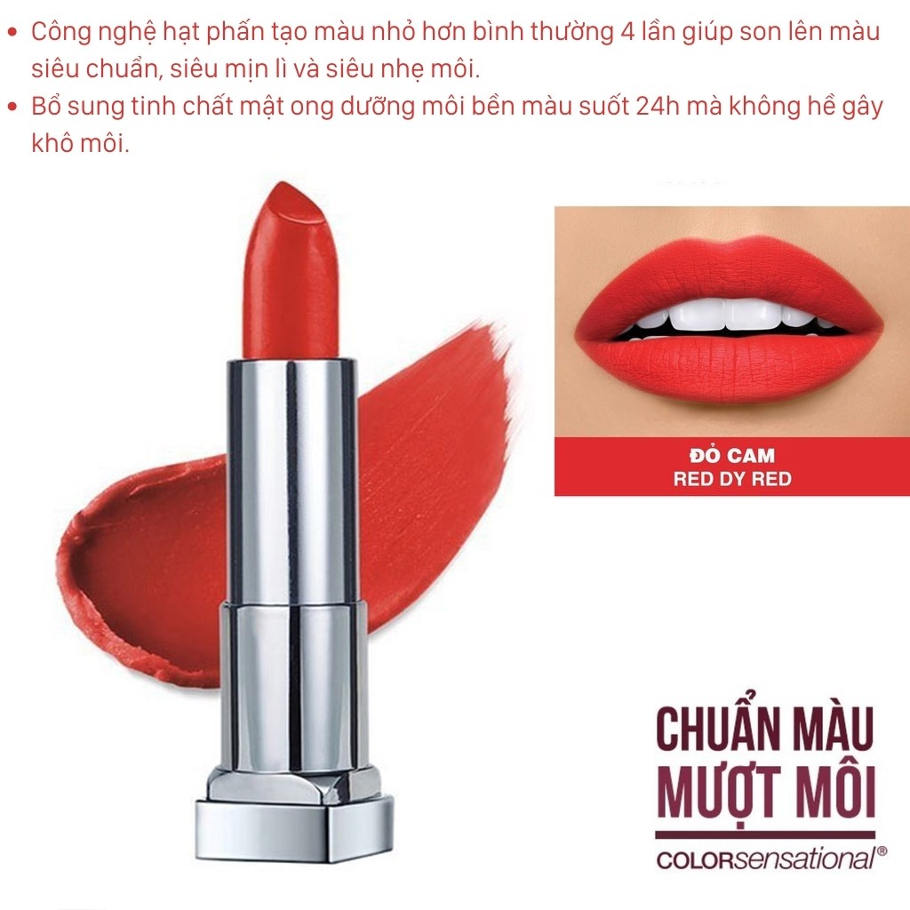 Son Lì Maybelline New York Color Sensational The Creamy Mattes Siêu Nhẹ Môi Màu Đỏ Cam (607 Red Dy Red)