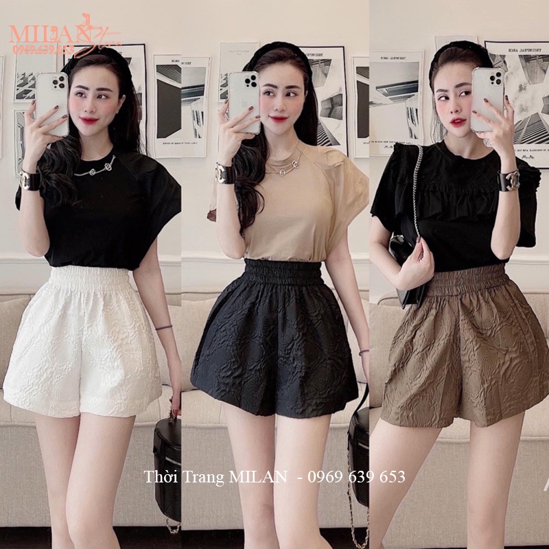 Quần xốp phồng nữ dập hoa in vân nổi cạp chun lưng cao dáng quần đùi nữ ống rộng đi biển hẹn hò dạo phố ở nhà cá tính