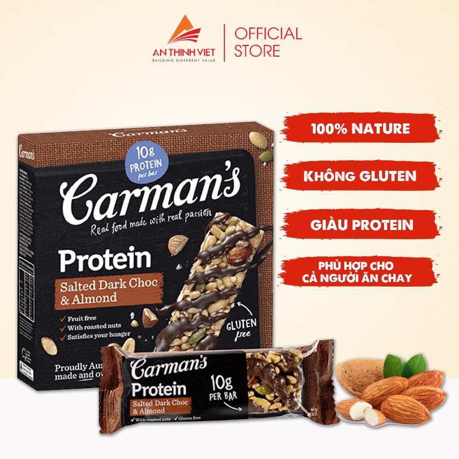 Thanh Giàu Đạm Carman s Protein Bar Salted Dark Choc, Almond - Chocolate Đen Muối, Hạnh Nhân - 200g thumbnail