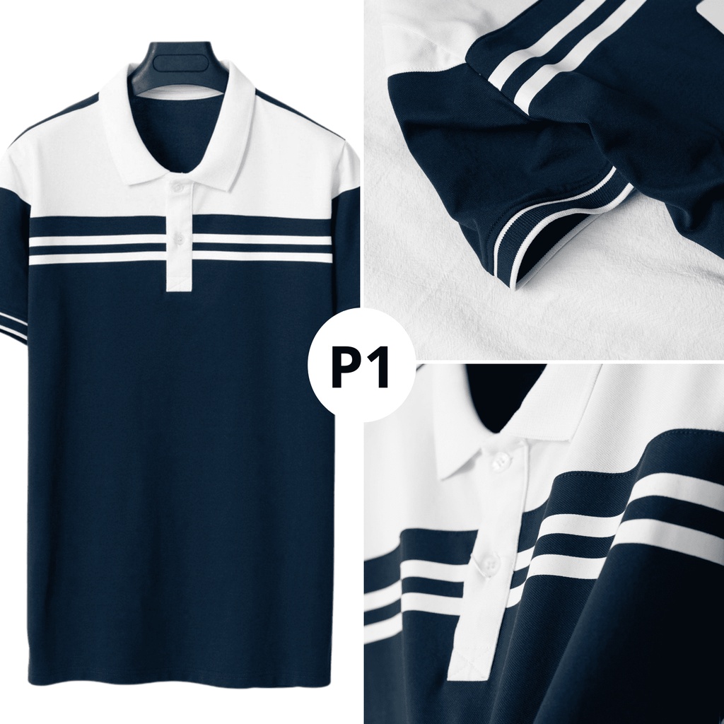 Áo POLO NAM xanh than phối kẻ thun trơn cổ bẻ co dãn 4 chiều, form chuẩn, full size