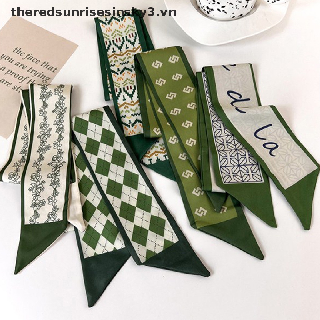 * * Thời Trang Mới * * Khăn Quàng Cổ Lụa Voan Dài Mỏng In Họa Tiết Hình Học / Chữ Màu Xanh Lá Mùa
