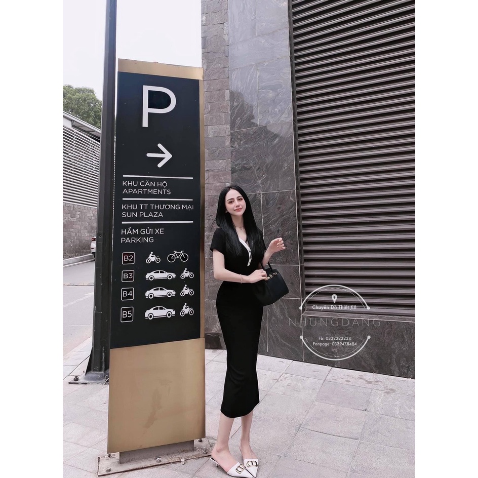 Đầm body dáng dài cổ họa tiết cúc bấm, váy ngắn tay chất thun gân co giãn tốt | BigBuy360 - bigbuy360.vn