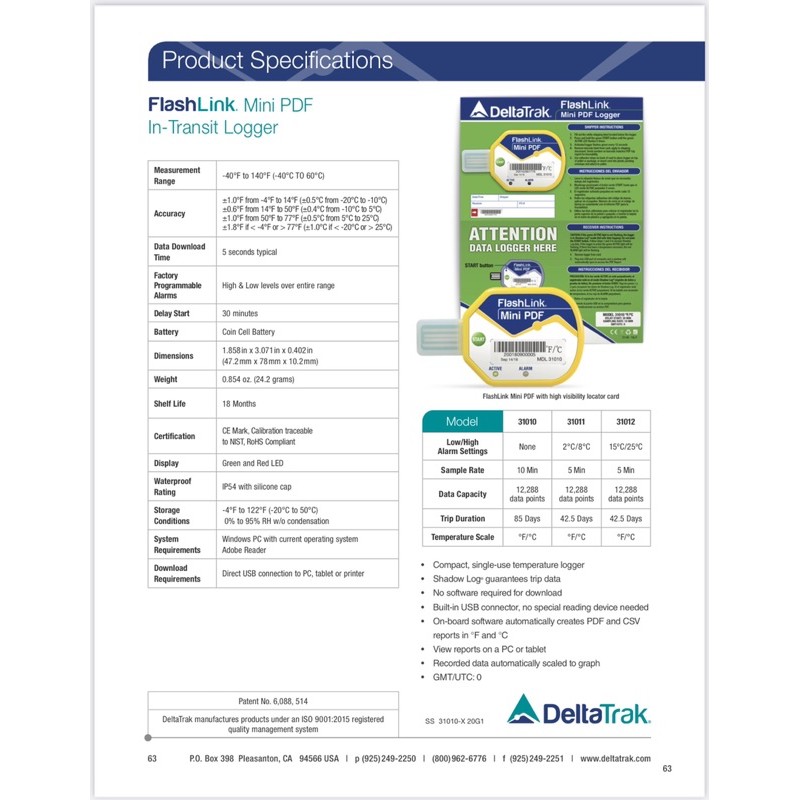 DeltaTrak FlashLink 31010 Mini PDF in-Transit Temperature Data Logger 10-Pack
