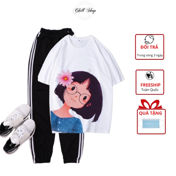 Set đồ nữ áo thun unisex và quần jogger freesize chất cotton họa tiết hoạt hình 02 CHILL SHOP