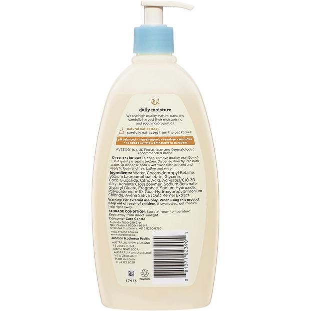 Aveeno Baby Sữa tắm gội dịu nhẹ dành cho bé 532ml Daily Moisture Gentle Body Wash & Shampoo