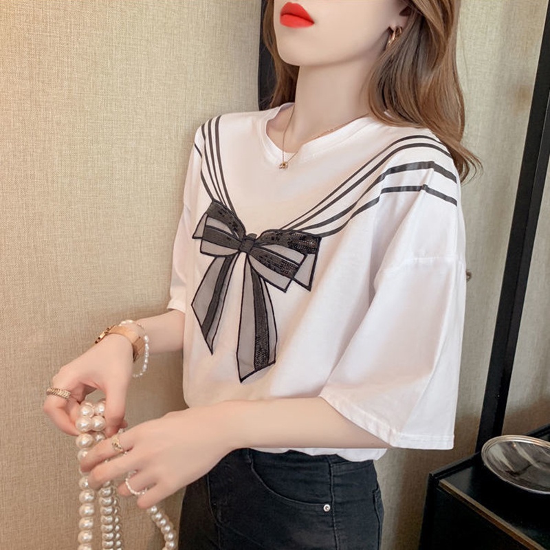 Áo thun IELGY màu trắng/ đen tay ngắn cổ tròn dáng rộng thắt nơ dễ thương cho nữ