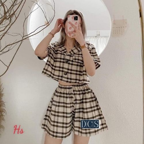 Set Quần Áo Kẻ Caro Áo Croptop Kèm Quần Giả Váy Chất Đũi Thô Xưởng May DCS Mặc Hè Thoáng Mát