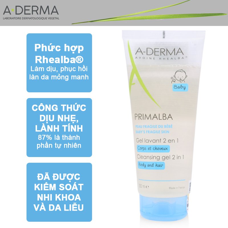 Sữa tắm gội A-Derma Primalba Gentle Cleansing gel cho bé, giúp làm sạch da, cung cấp độ ẩm cho da, giảm rôm sảy