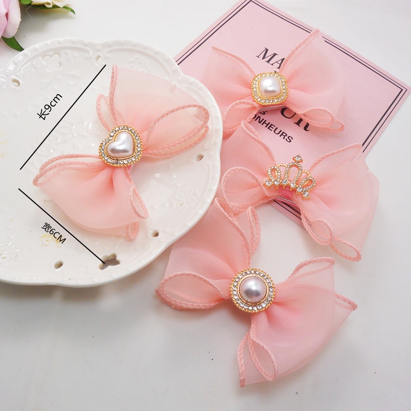 Kẹp Tóc Hình Vương Miện Đính Hạt Ngọc Trai Phối Ren Lưới Màu Hồng Xinh Xắn Cho Bé Gái