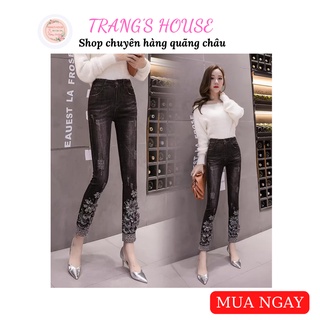 Có clip thật quần jeans ôm lưng cao đính ngọc sang chảnh thêu hoa hàng quãng châu cao cấp - shop trang quãng châu
