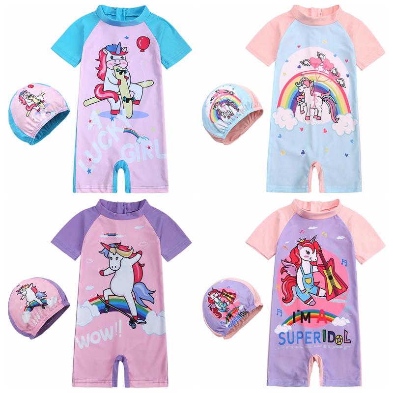 Bộ Đồ Bơi Tay Ngắn + Nón In Họa Tiết Kỳ Lân Hoạt Hình Dành Cho Bé Trai Và Bé Gái 1-8 Tuổi