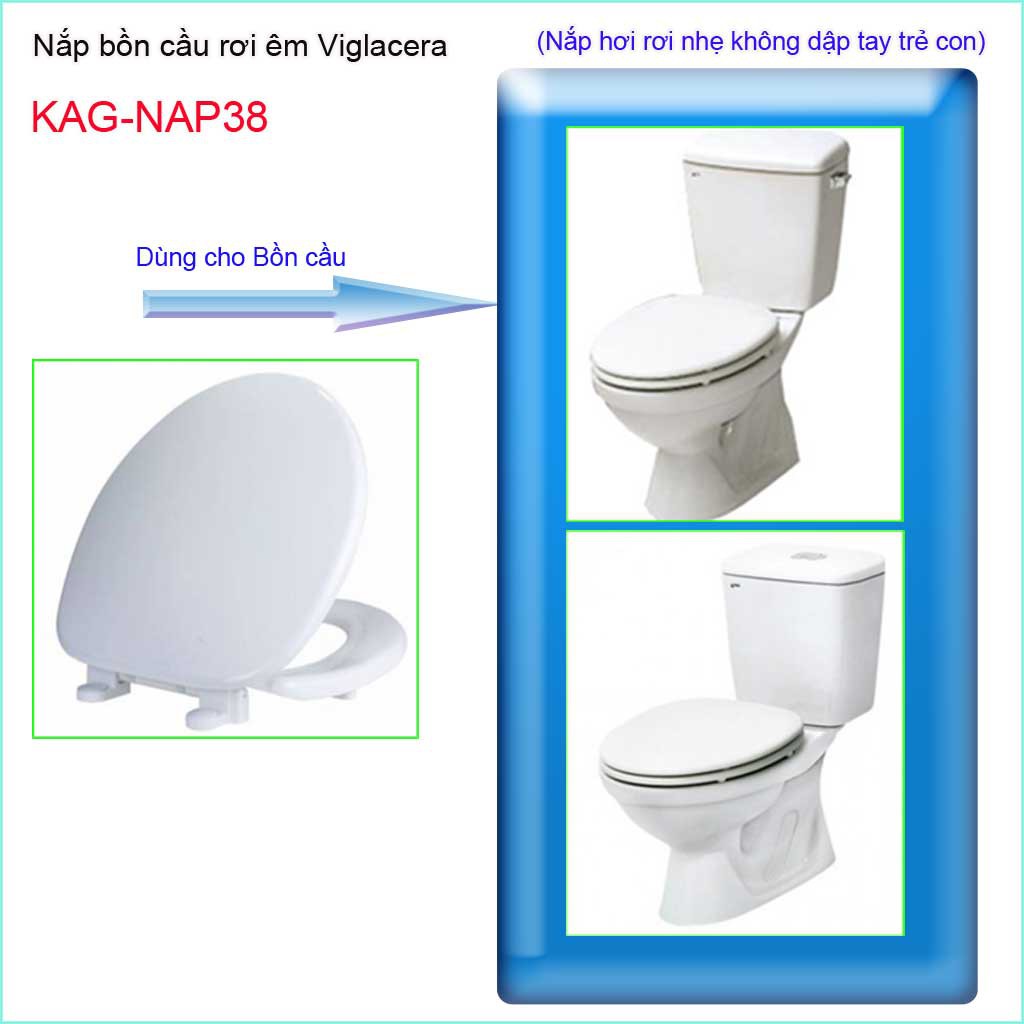 Nắp bồn cầu rơi êm Viglacera KAG-NAP38, nắp hơi bàn cầu nhựa dày trắng bóng