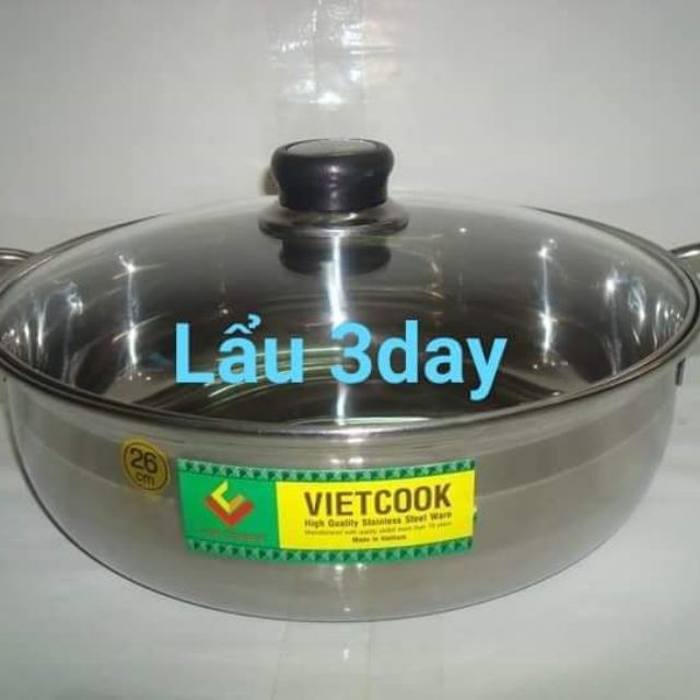 Lẩu 3 đáy  nắp kính vietcook  size 26cm, 28cm,30 cm ,nồi lẩu nắp kính , lẩu đun bếp từ hàng 3 đáy dày dặn Chính Hãng