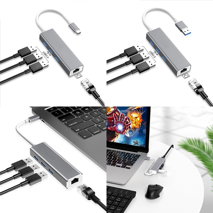 Type C to LAN và USB to RJ45 kiêm bộ chia cổng hub usb 3.0 cho máy tính điện thoại tốc độ cao