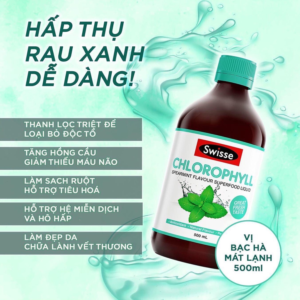 Nước diệp lục hỗ trợ thanh lọc, thải độc cơ thể Swisse Chlorophyll Spearmint Flavour Liquid (500ml) Healthy Care Extaste