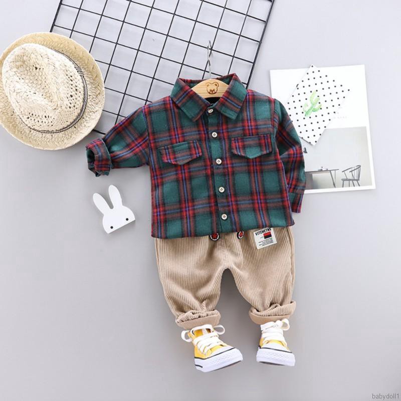 Bộ áo sơ mi dài tay sọc caro + quần dài cho bé trai