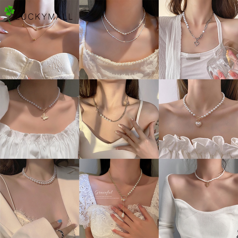 Vòng cổ ngọc trai thời trang cho phụ nữ trái tim mặt dây chuyền bướm phụ kiện trang sức choker