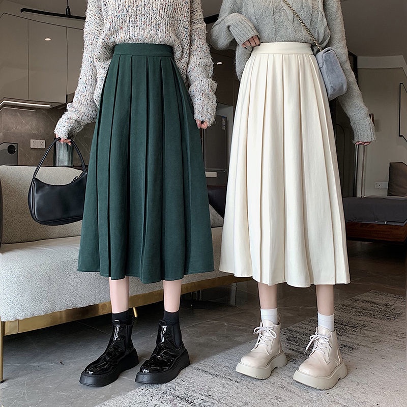 Váy xếp ly chic cổ điển, chân tôn dáng gầy cạp cao mẫu mới mùa thu 2021, dài vừa chữ A dễ phối, trẻ em sành điệu