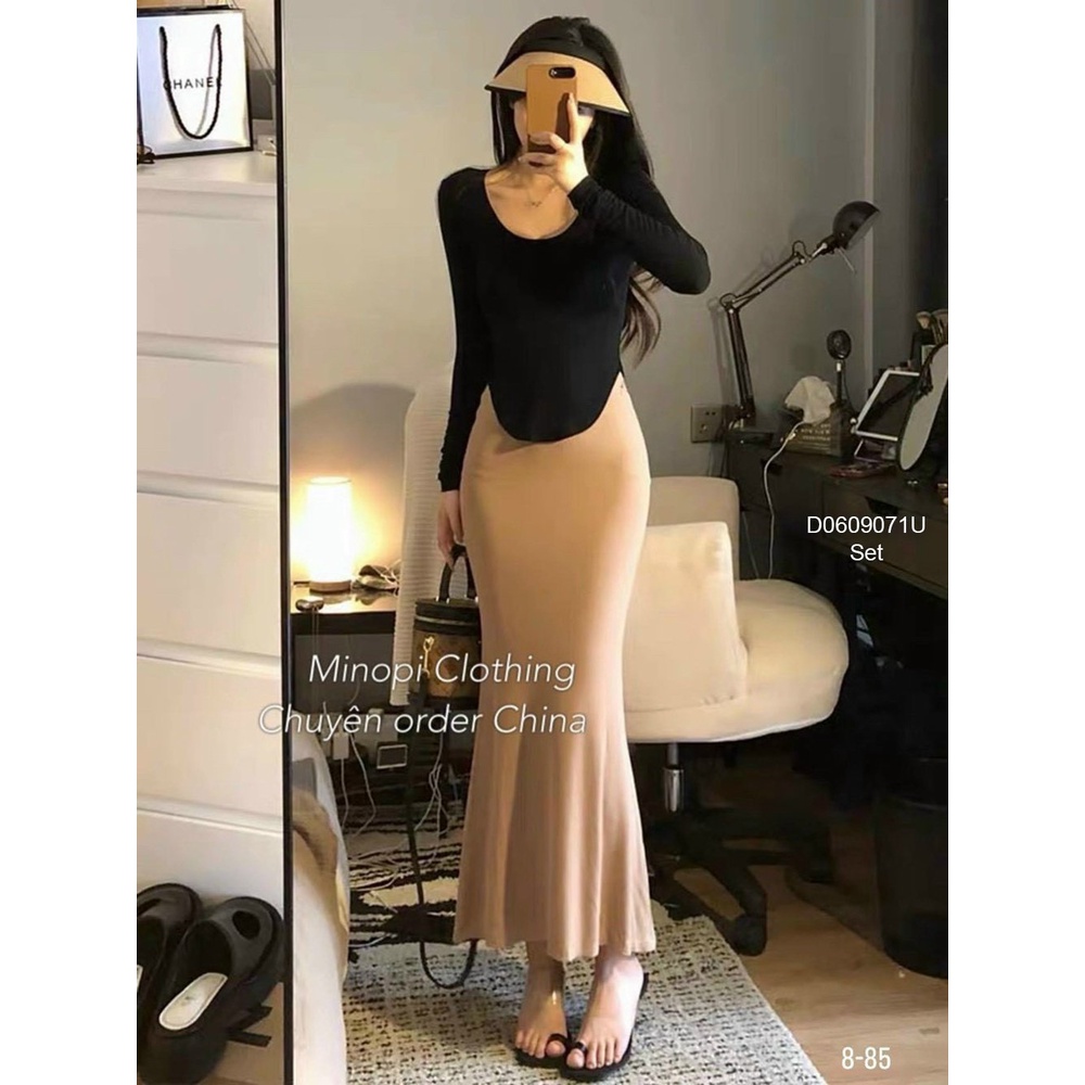Set đầm body đuôi cá 2 dây+ áo thun vạt bầu tay dài!
