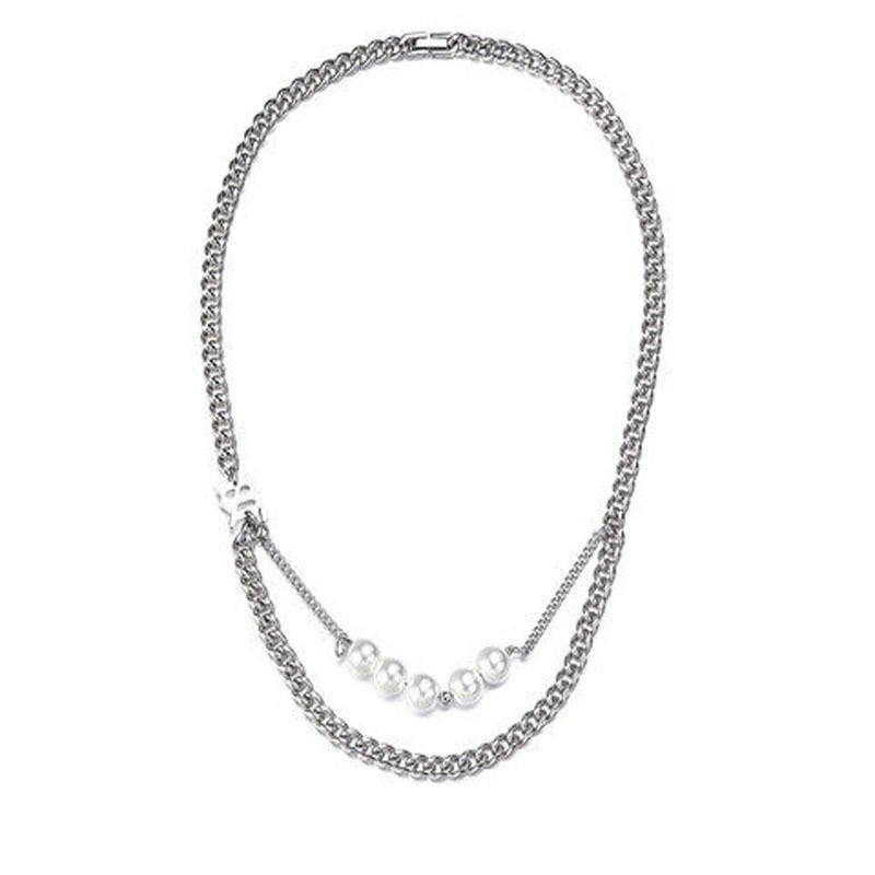 Dây Chuyền Cuba Bằng Thép Titan Đính Ngọc Trai 191120Dây Chuyền Sợi Xích Đôi Phong Cách Hip Hop Thời Trang Cá Tính