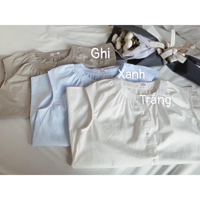 [Ảnh thật/Sẵn]Áo sơmi SÁT NÁCH cổ tròn cúc trước style Hàn quốc
