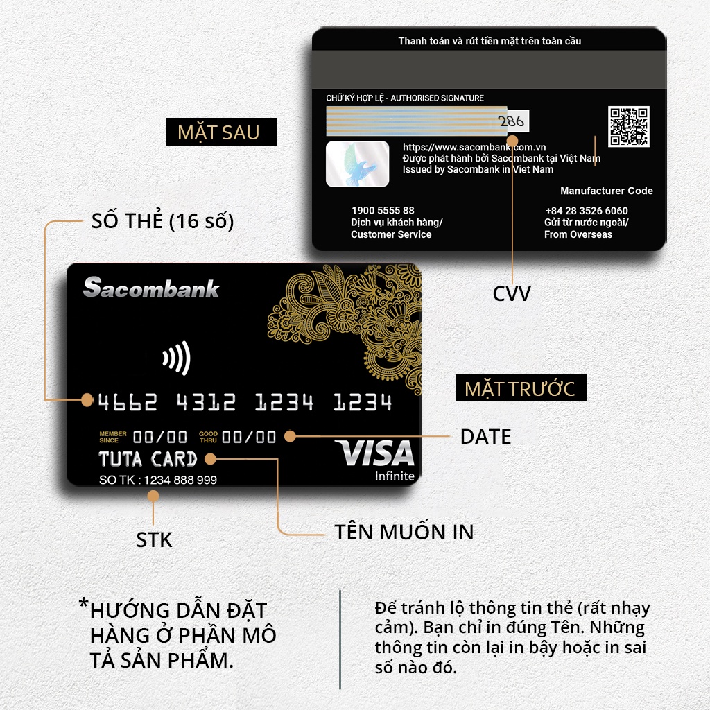 Miếng dán thẻ đen, skin, sticker thẻ ATM, ngân hàng, CÓ IN TÊN VÀ THÔNG TIN THẺ  | TUTA CARD