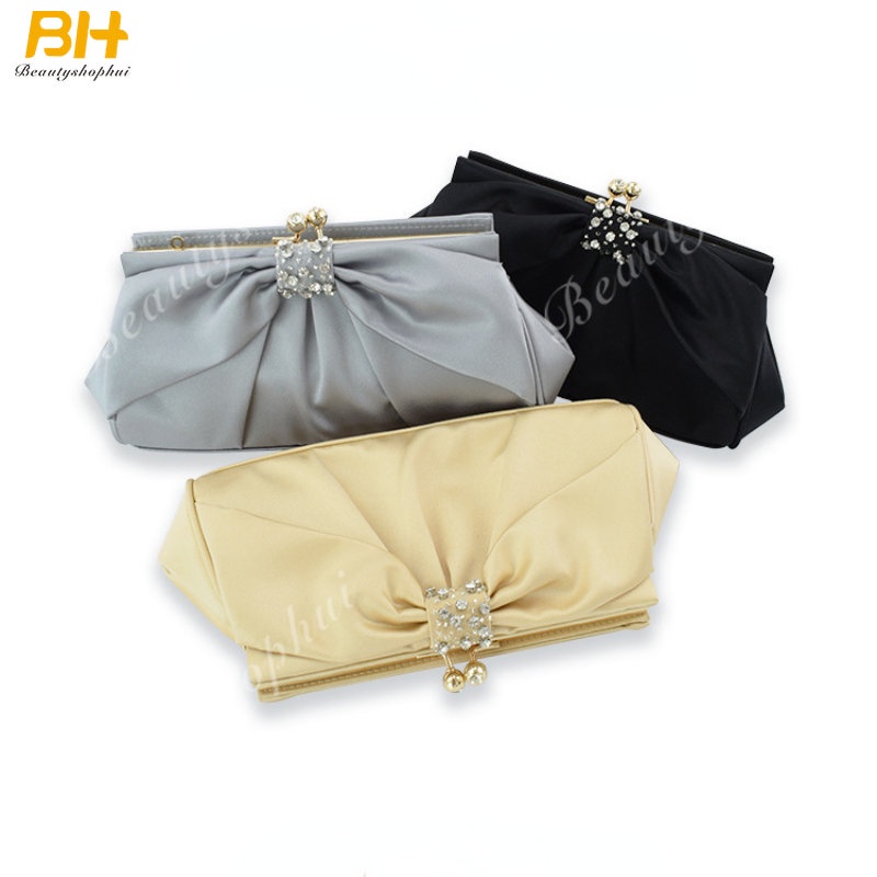 Túi Xách Đeo Vai Satin Nhăn Màu Trơn Đính Nơ Kim Cương Kim Cương Kiểu Âu Mỹ Dự Tiệc Tối Mới Cho Nữ