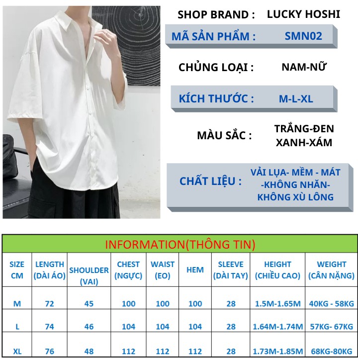 Áo sơ mi form rộng tay ngắn tay lỡ unisex nam nữ cá tính form Hàn Quốc vải lụa màu trắng đen xanh SMN02