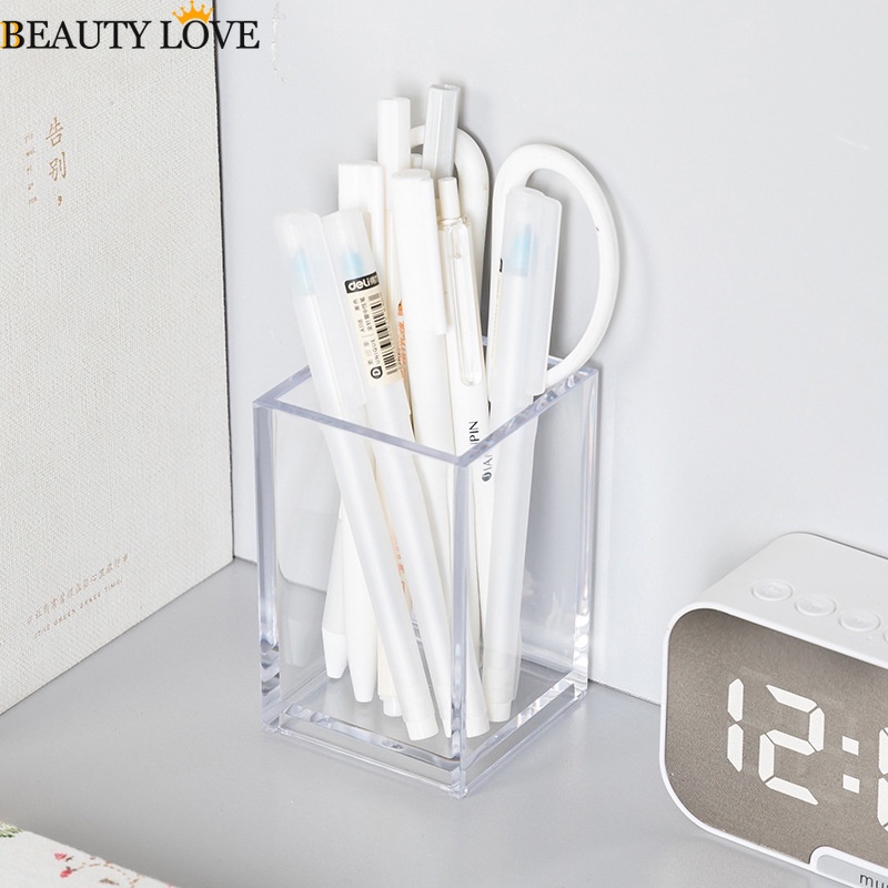 Hộp Đựng Cọ Trang Điểm / Bút Bằng Acrylic Trong Suốt Hình Vuông Đơn Giản Tiện Dụng Cho Học Sinh