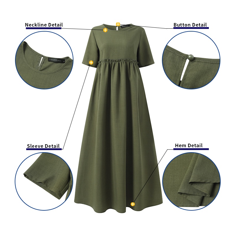 Đầm Zanzea cotton trơn tay lỡ xếp ly phong cách Mỹ cho nữ