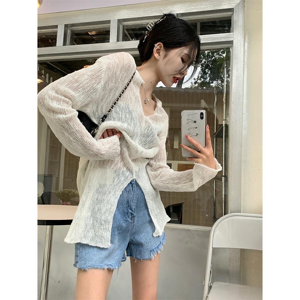 Áo Len Tay Dài Cổ Chữ V Dáng Rộng Xẻ Tà Màu Trơn Thời Trang Mới