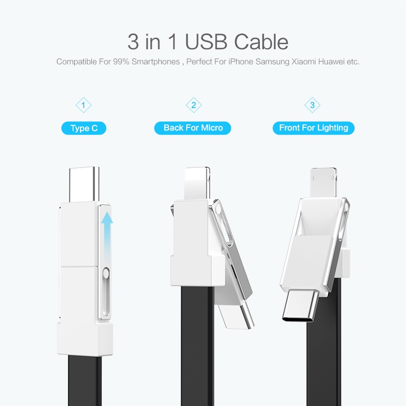 Cáp sạc Micro USB &amp; Type C &amp; Lighting 3 trong 1 thiết kế móc khóa tiện dụng cho iphone Android